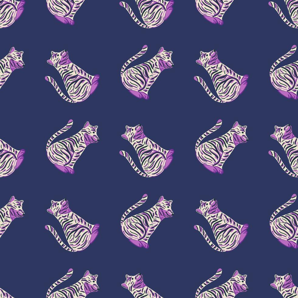Cartoon tiger seamless pattern with simple purple predator tiger print. Navy blue background. Doodle artwork. vector