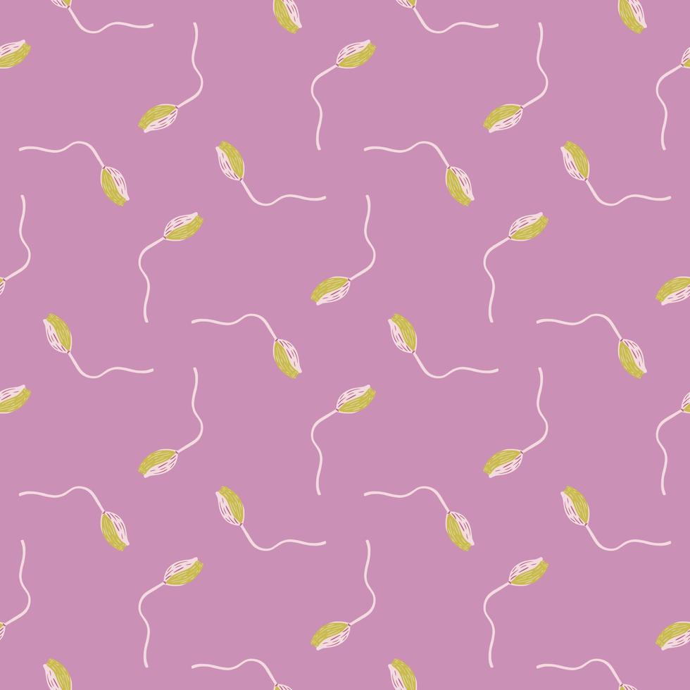 Abstract random seamless pattern with decorative poppy bud flower shapes. Lilac pastel background. Bloom print. vector