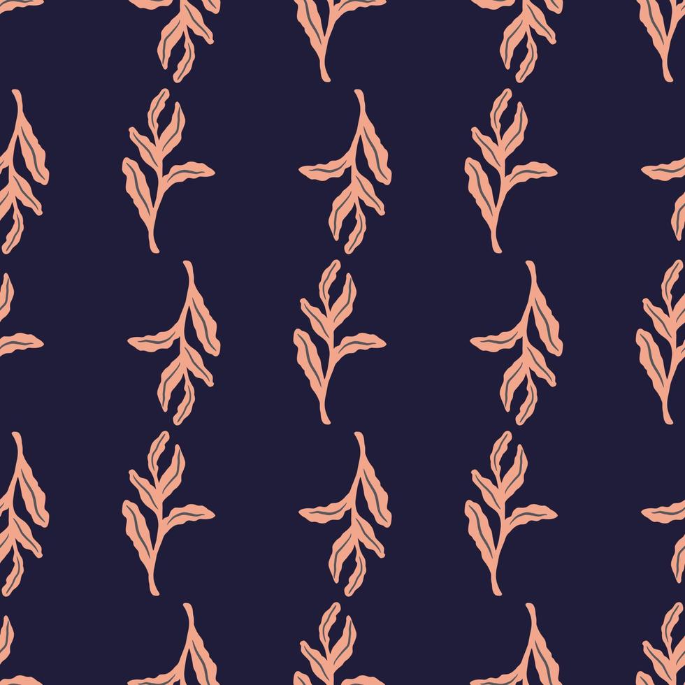 Botanic pink leaves seamless doodle pattern in doodle style, Dark purple background. Flora repeat backdrop. vector