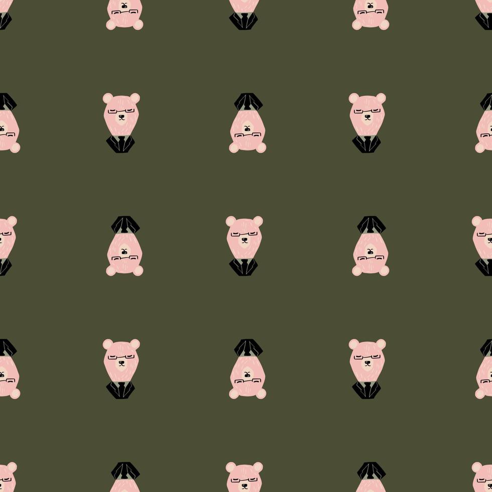 Hand drawn cartoon seamless pattern with creative bear in tuxedo silhouettes. Green olive background. vector