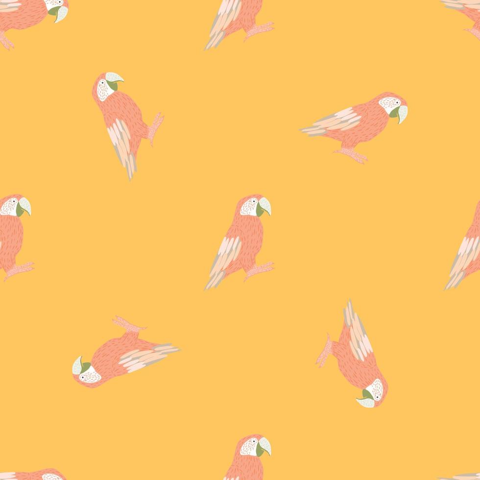 Jungle seamless pattern with pastel pink ara parrot silhouettes. Orange background. Minimalistic style. vector