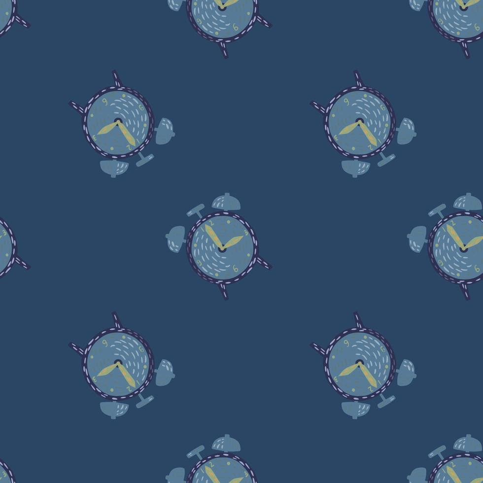 Random seamless pattern in navy blue colors with retro alarm clock elements. Hand drawn time backdrop. vector