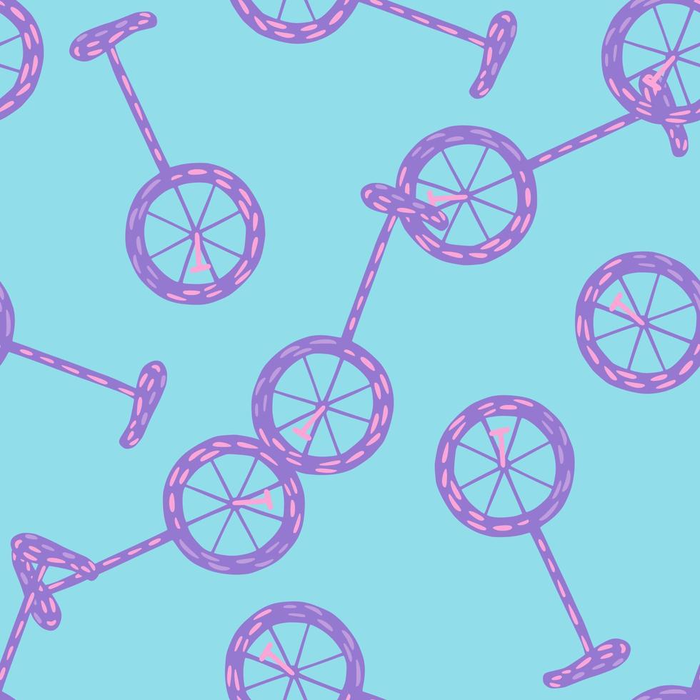 Transport seamless pattern with purple doodle bicycle shapes. Turquoise bright background. Funny print. vector