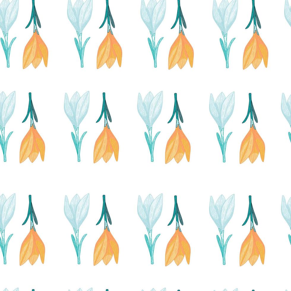 Isolated spring seamless pattern with orange and blue crocus flowers silhouettes. White background. vector