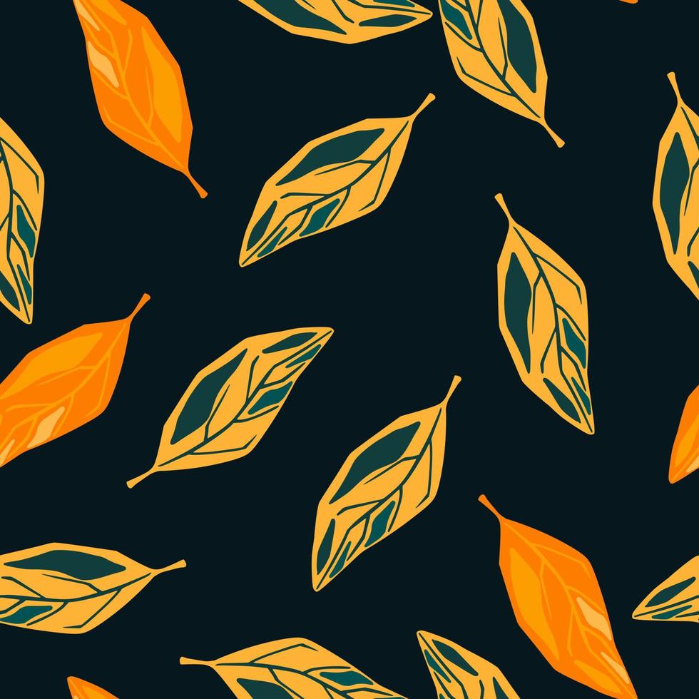 Random seamless abstract creative print with bright orange leaf silhouettes. Black background. vector