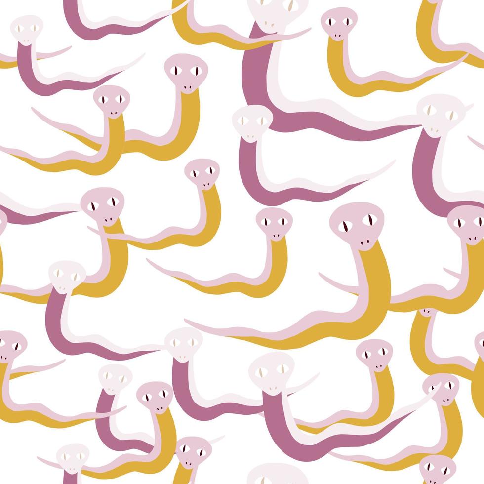 Animal seamless nature pattern with random yellow and purple isolated snakes shapes. White background. vector