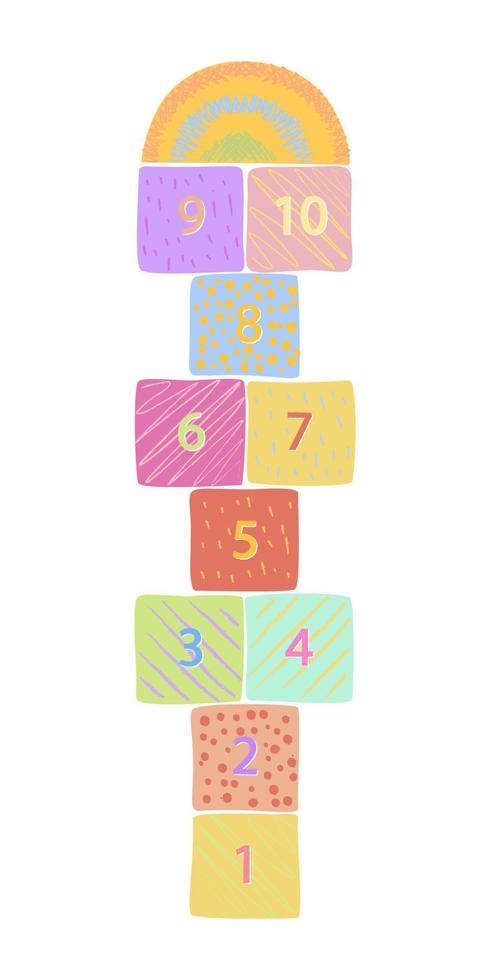 Boho Hopscotch kid activity game isolated on white background. Design carpet children games drawn colored crayons. vector