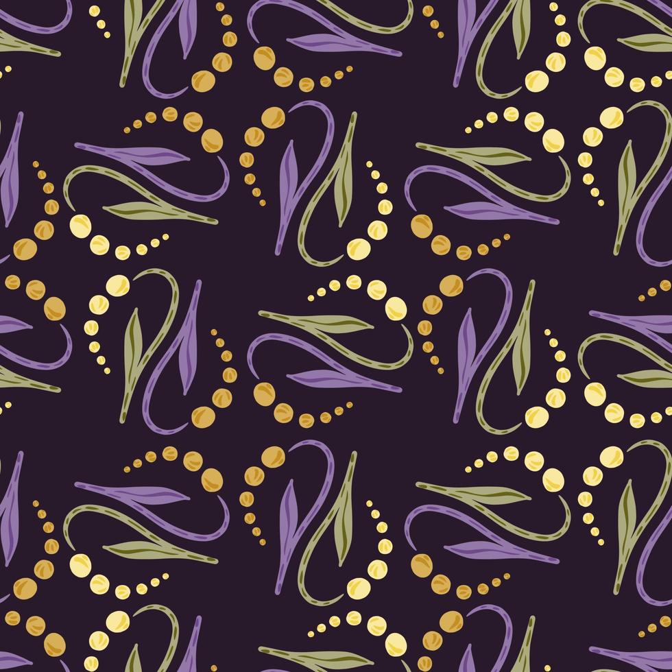 Decorative seamless pattern with doodle abstract lily of the valley flowers. Purple dark background. vector