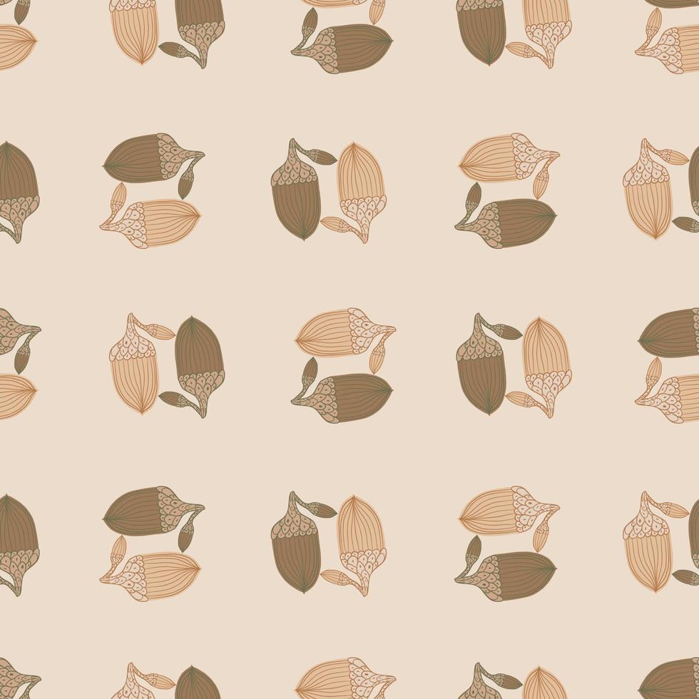 Hand drawn seamless pattern with beige and orange contoured acorn pattern. Pastel colors print. vector