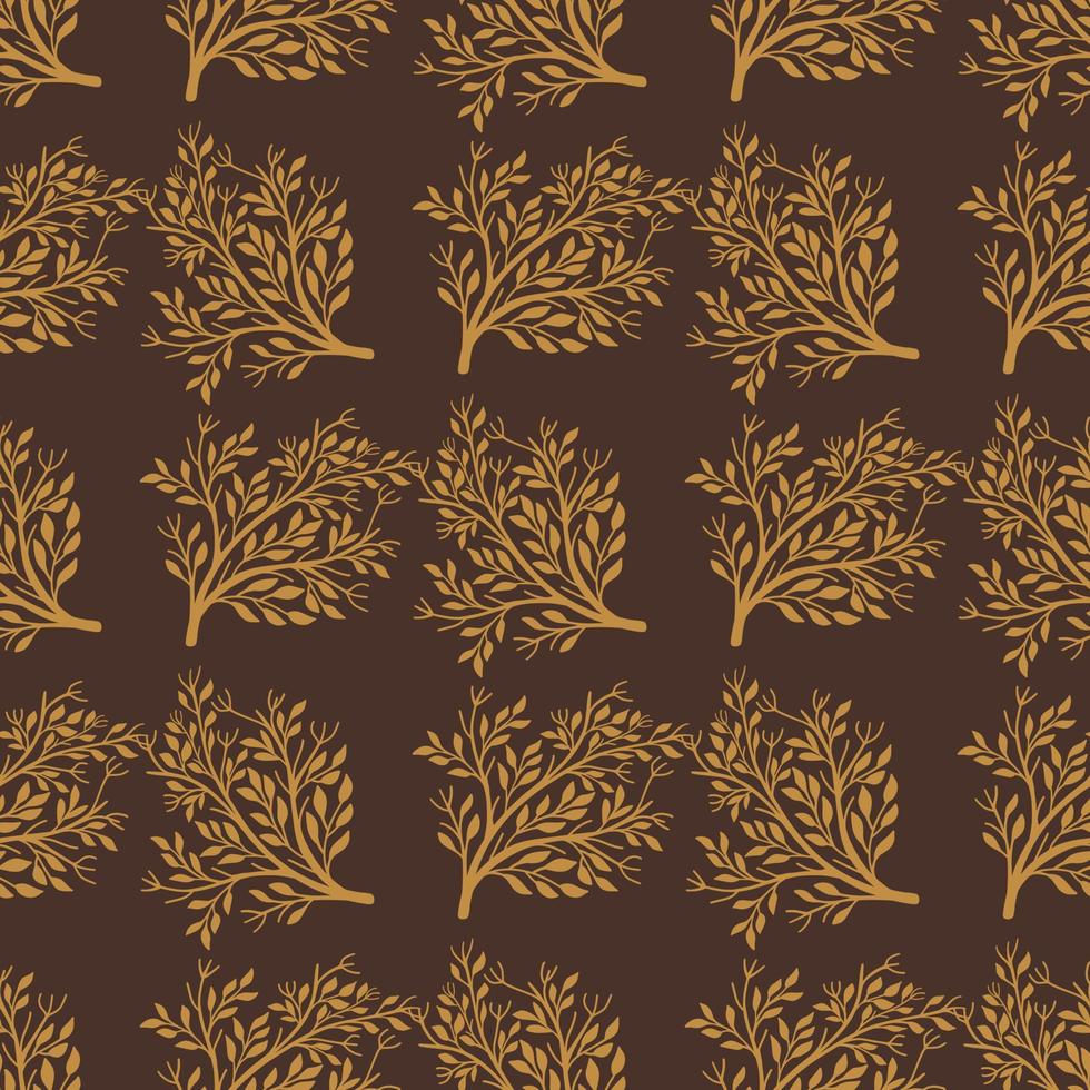 Fall season seamless pattern with orange tree silhouettes shapes. Brown background. Doodle floral print. vector