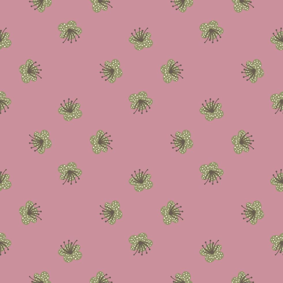 Seamless pattern spring plants on pink background. Vector floral template in doodle style with flowers.
