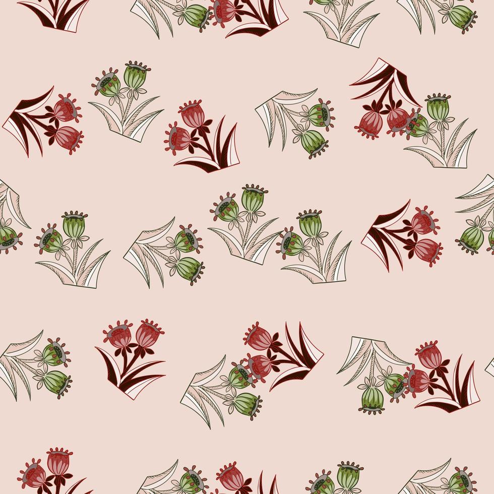 Blossom spring seamless pattern with green and red random flowers bell print. Pastel pink background. vector