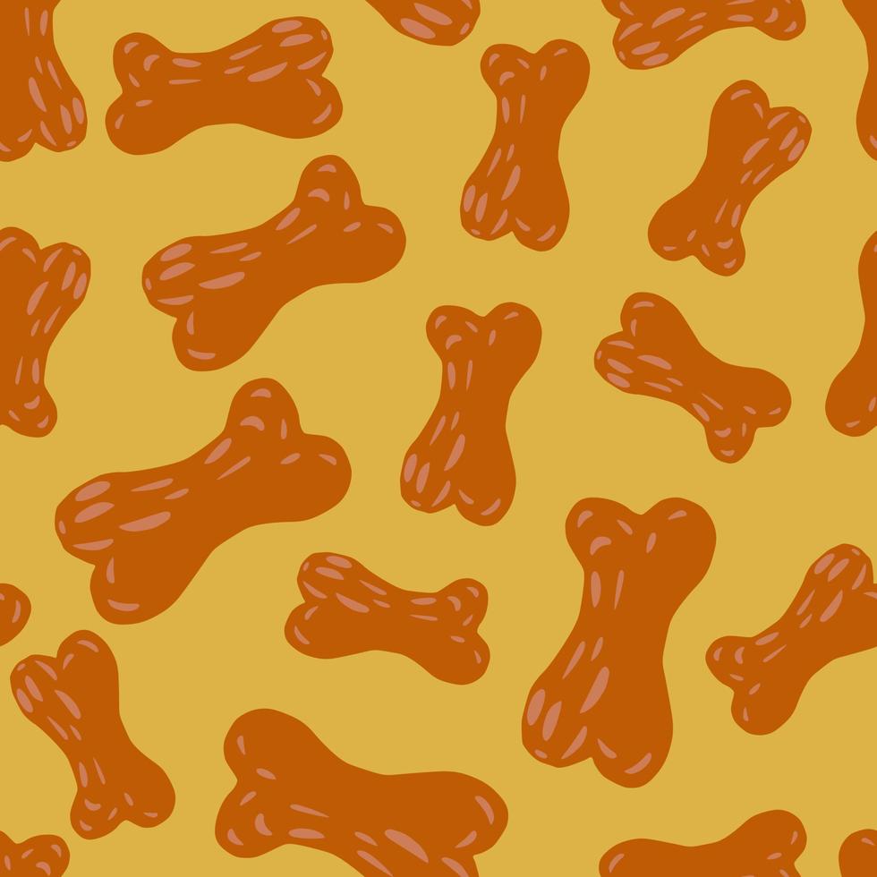 Random seamless food pattern with dogs bone dark orange silhouettes. Pale yellow background. Cartoon style. vector