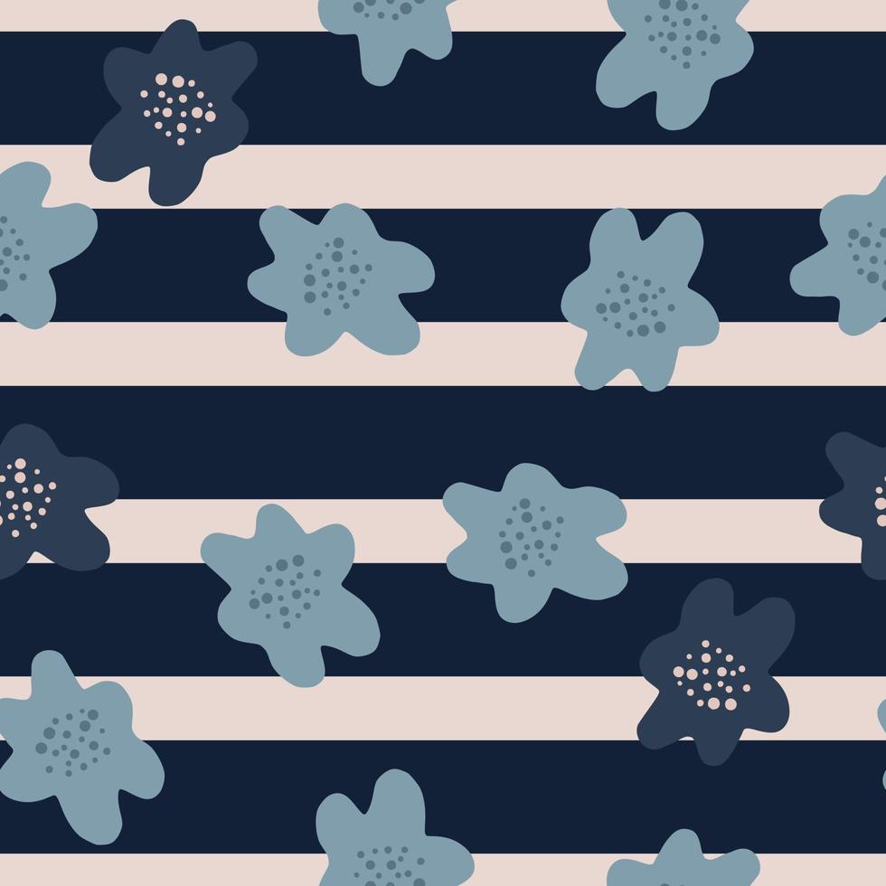 Seamless nature flora pattern with blue colored flowers shapes print. Striped background with navy blue lines. vector