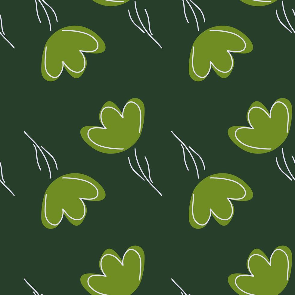 Botanic seamless pattern with outline flowers silhouettes print. Green colors floral artwork. Hand drawn style. vector