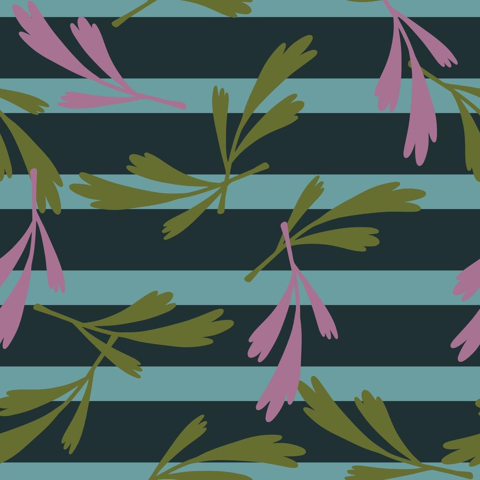 hojas verdes y lilas ramas patrón sin costuras de impresión aleatoria. fondo de rayas azules. estilo simple. vector