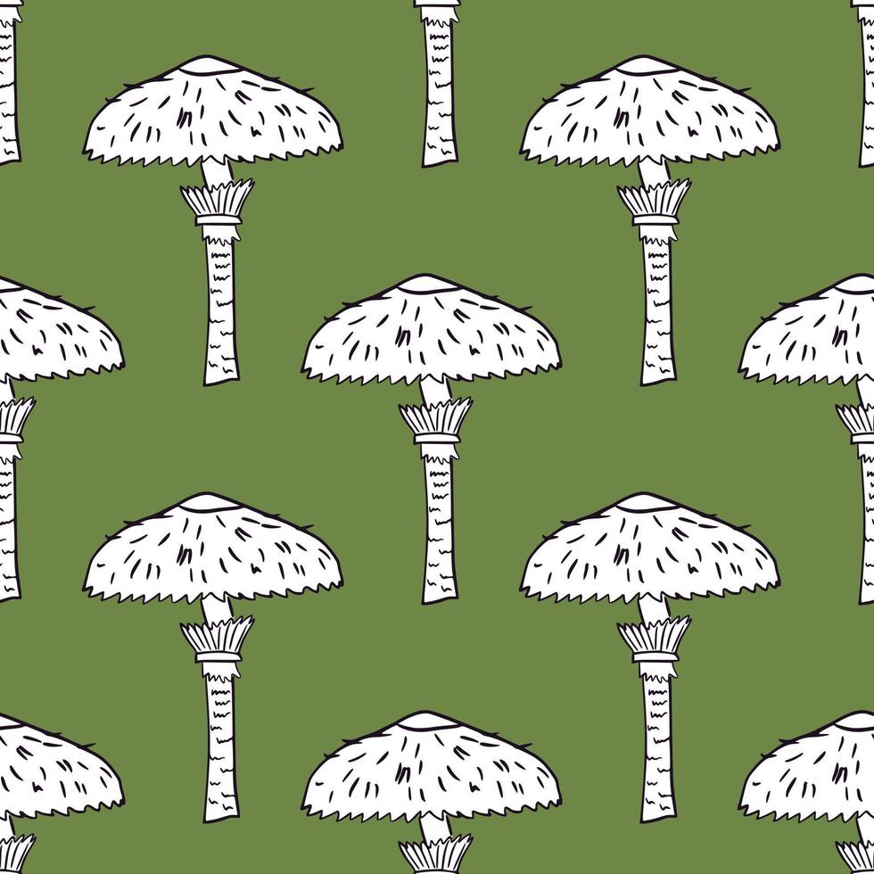Autumn harvest seamless pattern with outline white mushroom shapes. Green background. vector