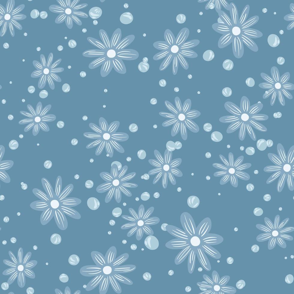 Abstract bloom seamless pattern with small daisy flowers elements. Blue background. vector