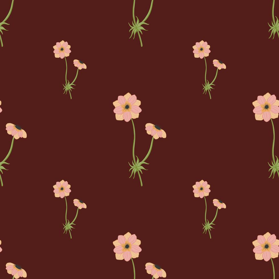 Floral seamless pattern with pink simple anemone branches ornament. Dark maroon background. Minimalistic print. vector