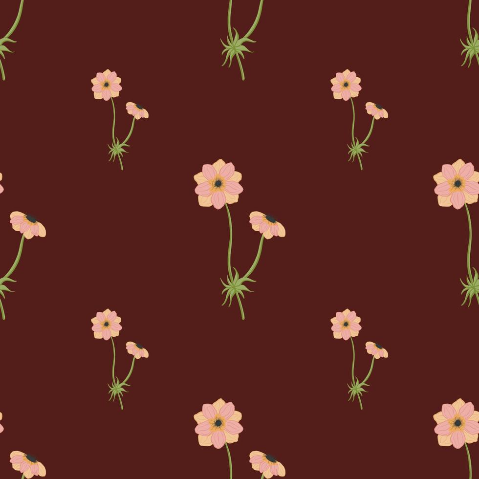 patrón floral transparente con adorno de ramas de anémona rosa simple. fondo granate oscuro. impresión minimalista. vector