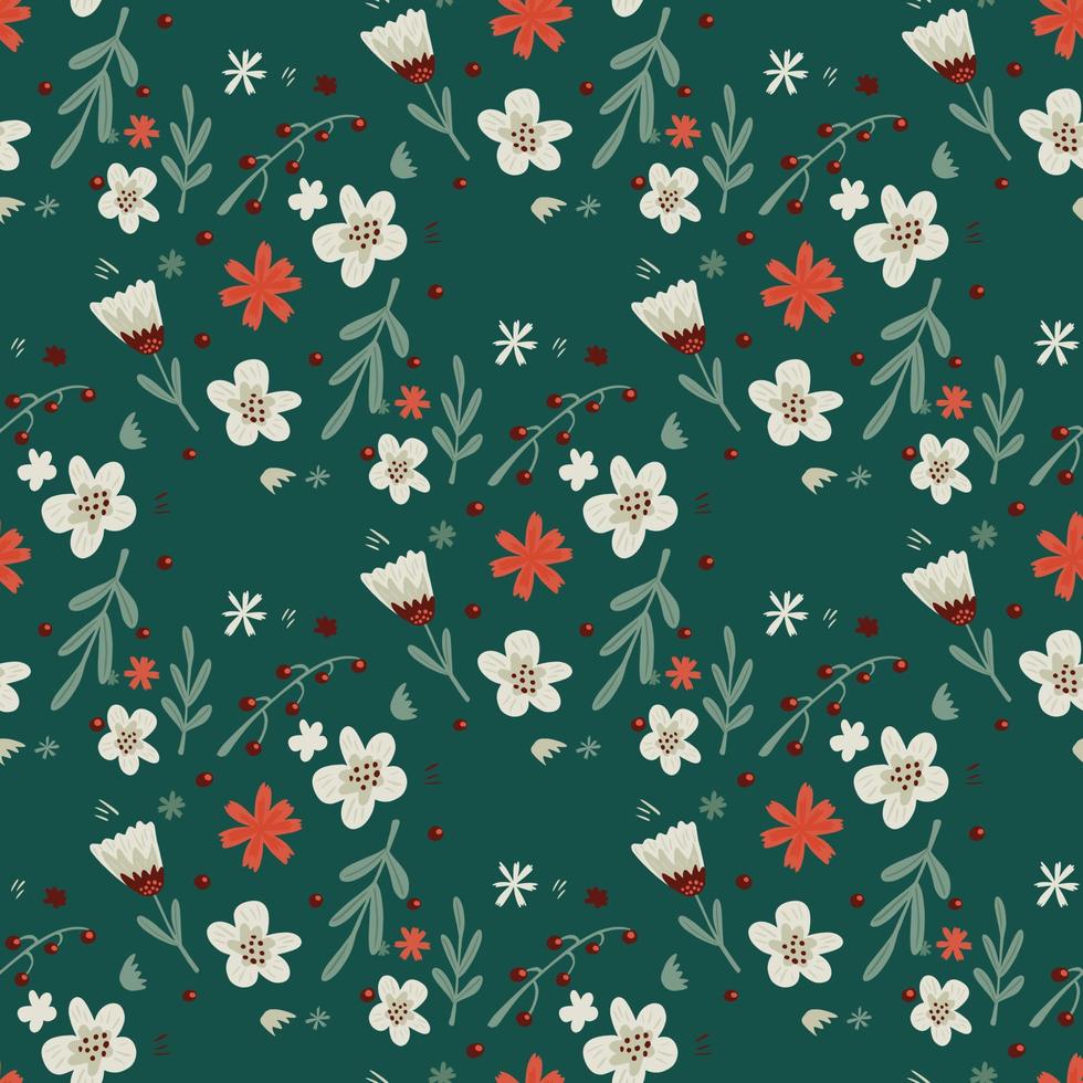 Vintage seamless pattern with doodle flowers and leaves silhouettes. Green background. Simple design. vector