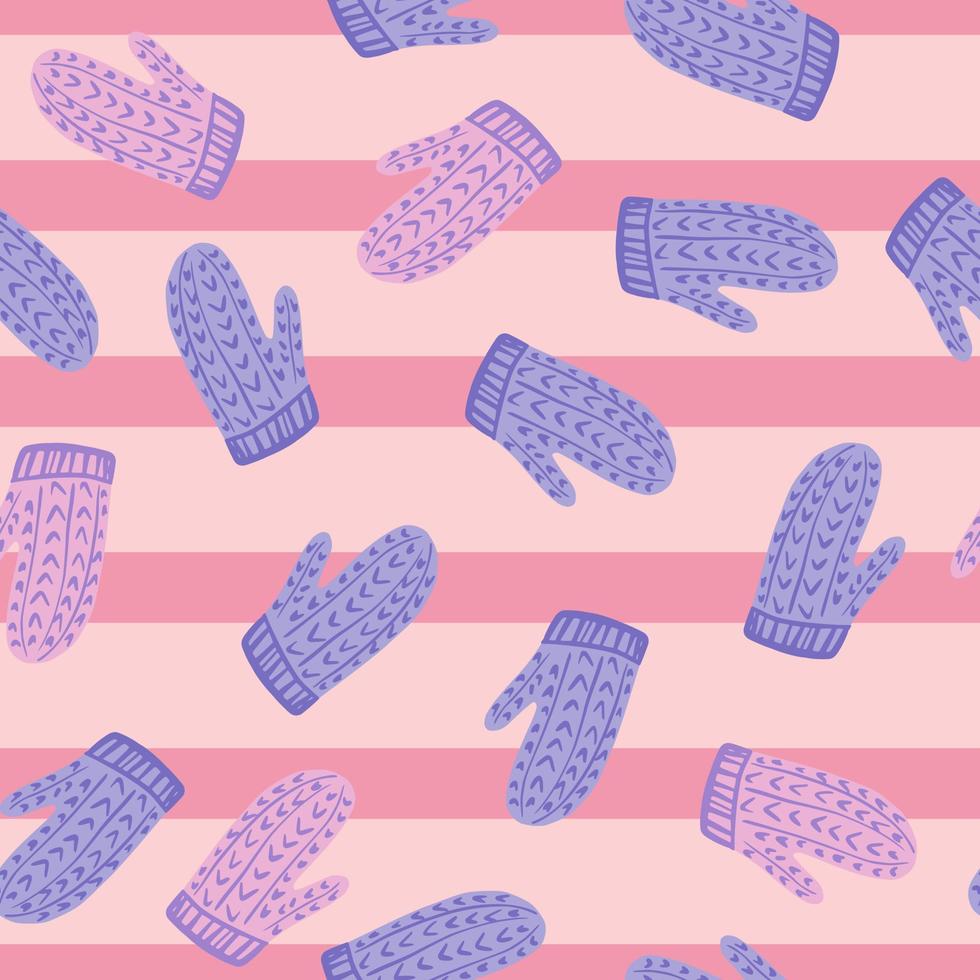 Warm purple colored mittens doodle shapes seamless pattern. Pink striped background. Xmas print. vector