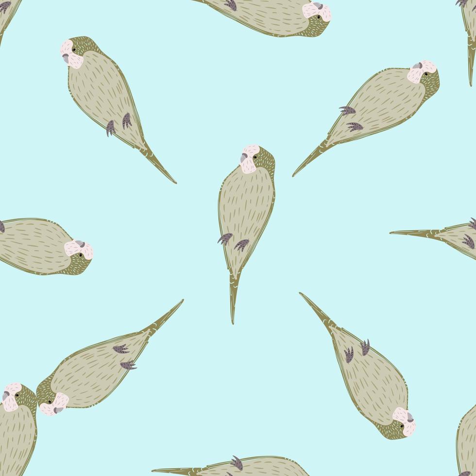 Minimalistic tropical zoo seamless pattern with simple grey parrot ornament. Blue background. Cartoon print. vector