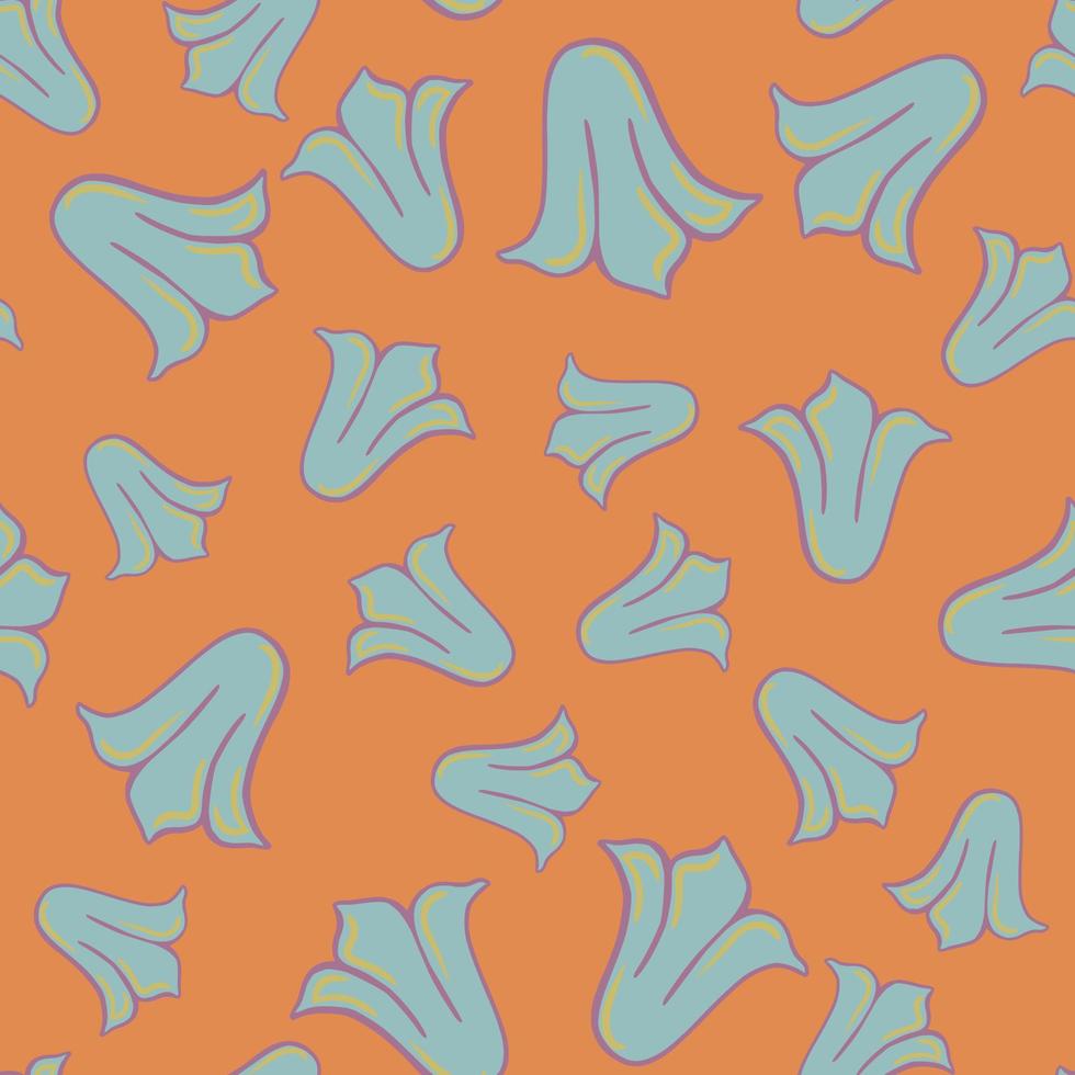 Abstract random seamless pattern with blue doodle tulip buds ornament. Orange background. vector