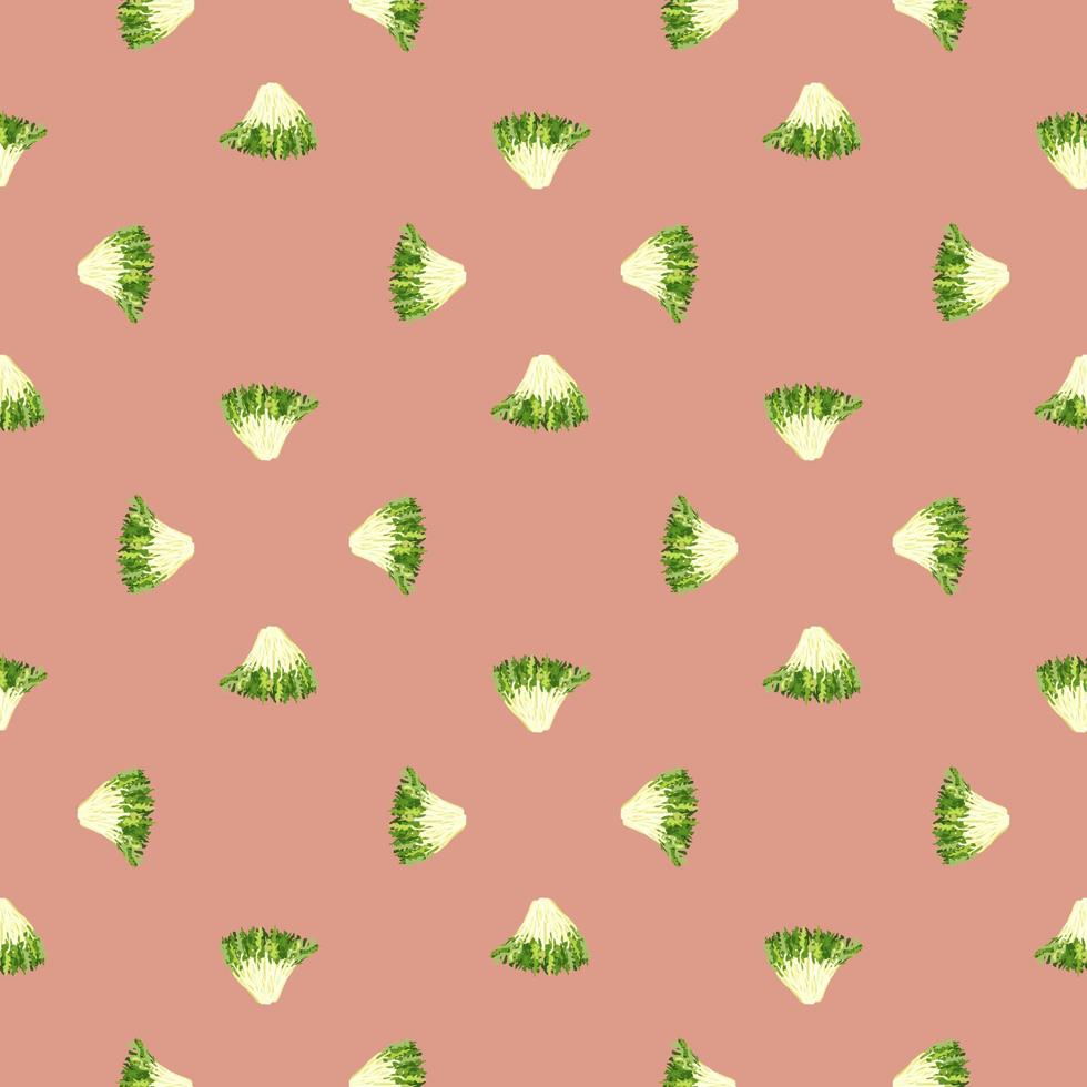 Seamless pattern frisee salad on pastel pink background. Minimalistic ornament with lettuce. vector