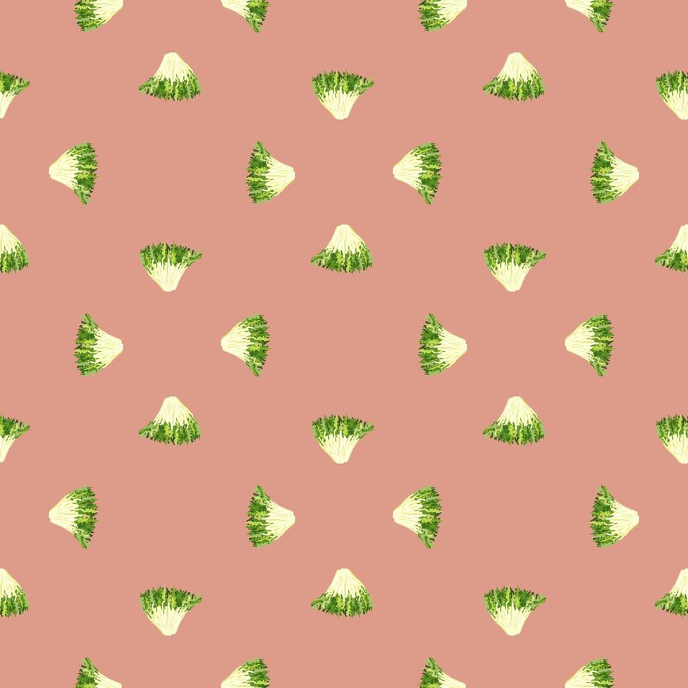 Seamless pattern frisee salad on pastel pink background. Minimalistic ornament with lettuce. vector