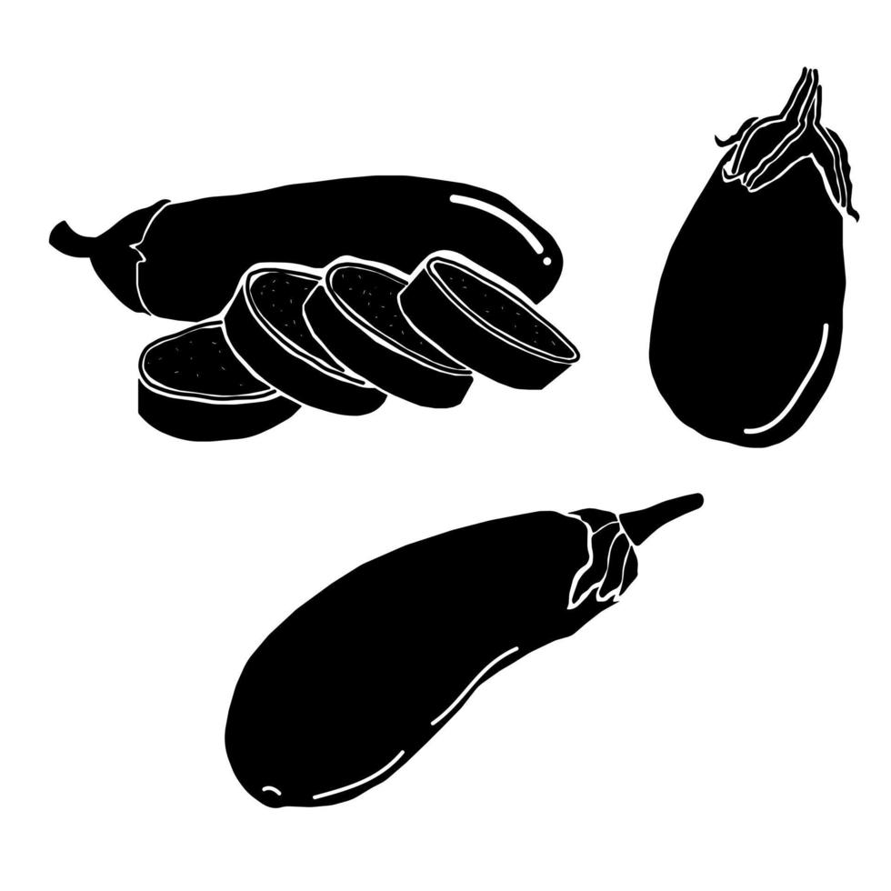 Eggplant silhouettes set, healthy vegetable whole and sliced, eco healthy food vector