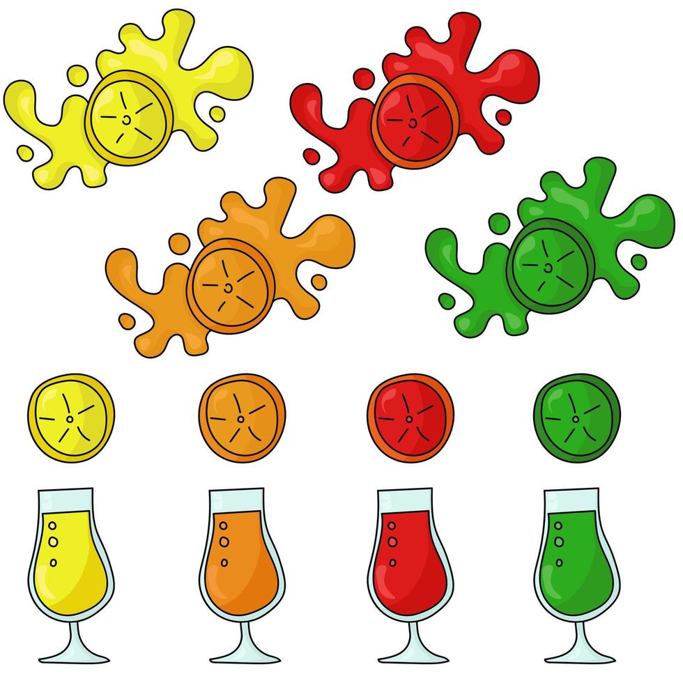 conjunto de frutas y jugos cítricos, rodajas de frutas y salpicaduras jugosas y vasos con bebida de naranja, limón, lima y pomelo vector