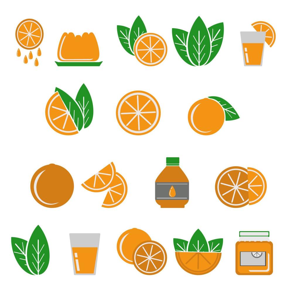 ambientado con frutas naranjas, enteras y mitades, hojas y productos cítricos en forma de gelatina, jugo, bebida y mermelada, conjunto de íconos para el diseño vector