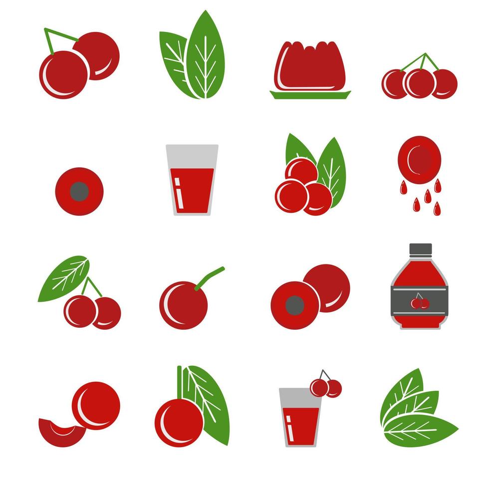 A set of cherry fruits, with leaves, whole and halves, and also in the form of jelly, drink, juice or jam products, a set of icons for design vector