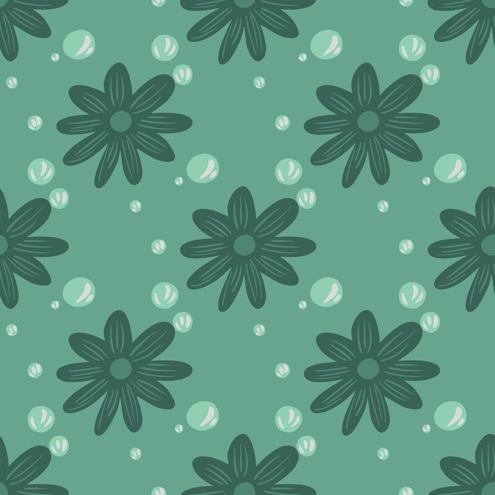 Hand drawn seamless pattern with abstract decorative flowers ornament. Turquoise background. vector