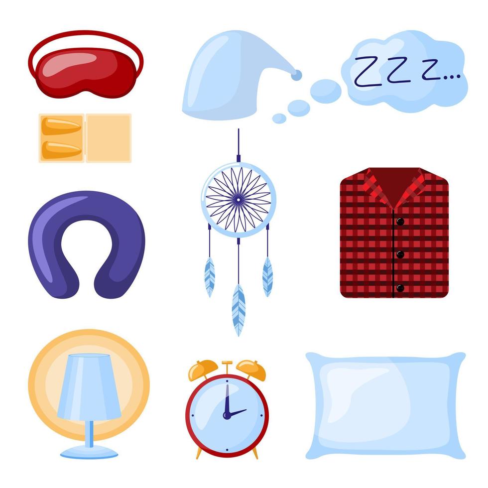 Set accessories of sleep on white background. Design kit mask, pillow, clock alarm, earplug, neck pillow, hat, pajamas,dream catcher, zzz. Soft elements bedtime in style flat vector