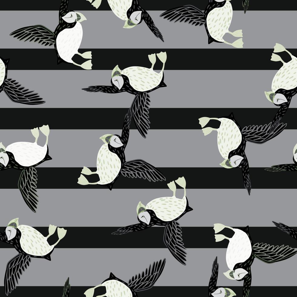 Random doodle seamless pattern with random puffin bird ornament. Grey and black striped background. vector