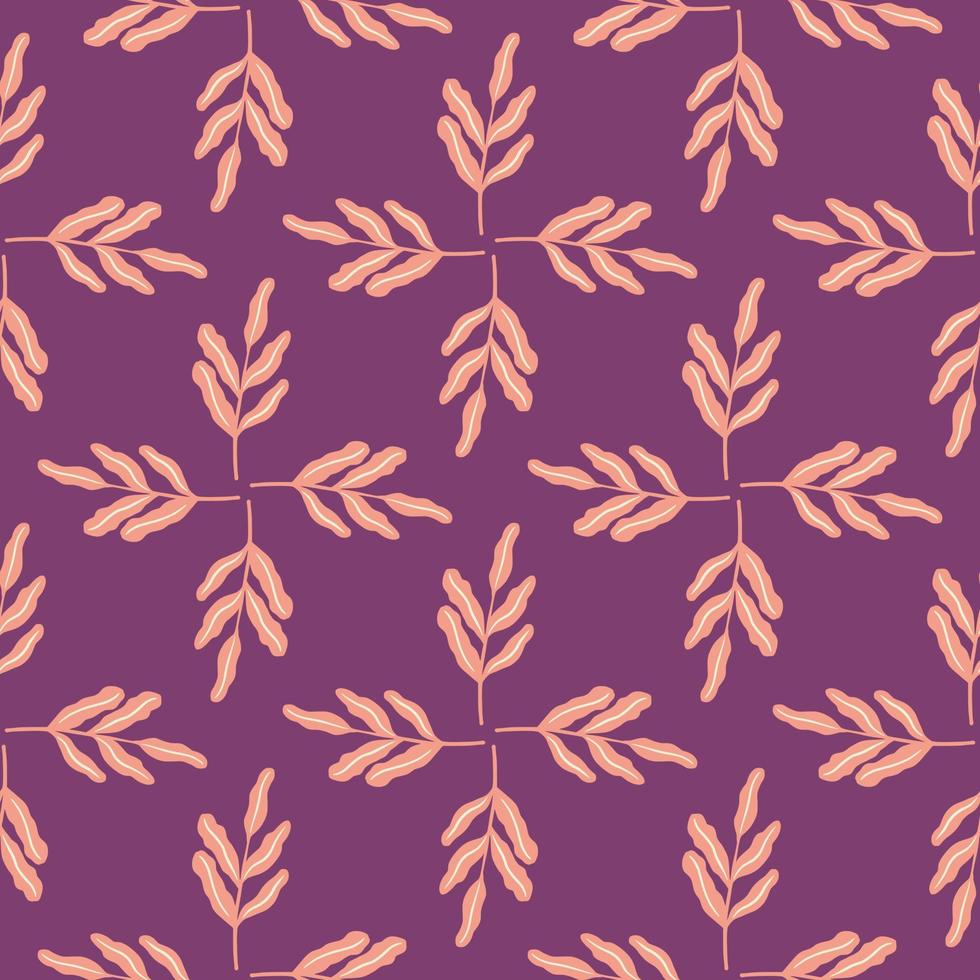 Geometric foliage seamless pattern with light orange leaves on purple background. Abstract floral backdrop. vector