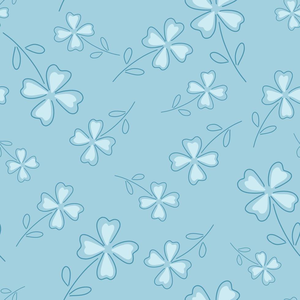 patrón creativo sin fisuras con elementos de trébol de cuatro hojas dibujados a mano. fondo azul. impresión botánica de la suerte. vector