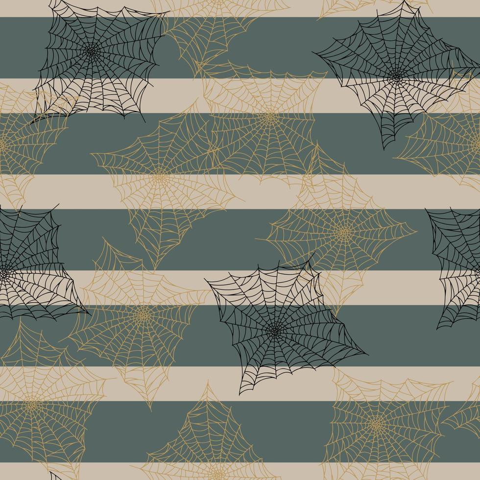 Seamless pattern spider web isolated on green striped background. Outline spooky cobwebs template for fabric. vector