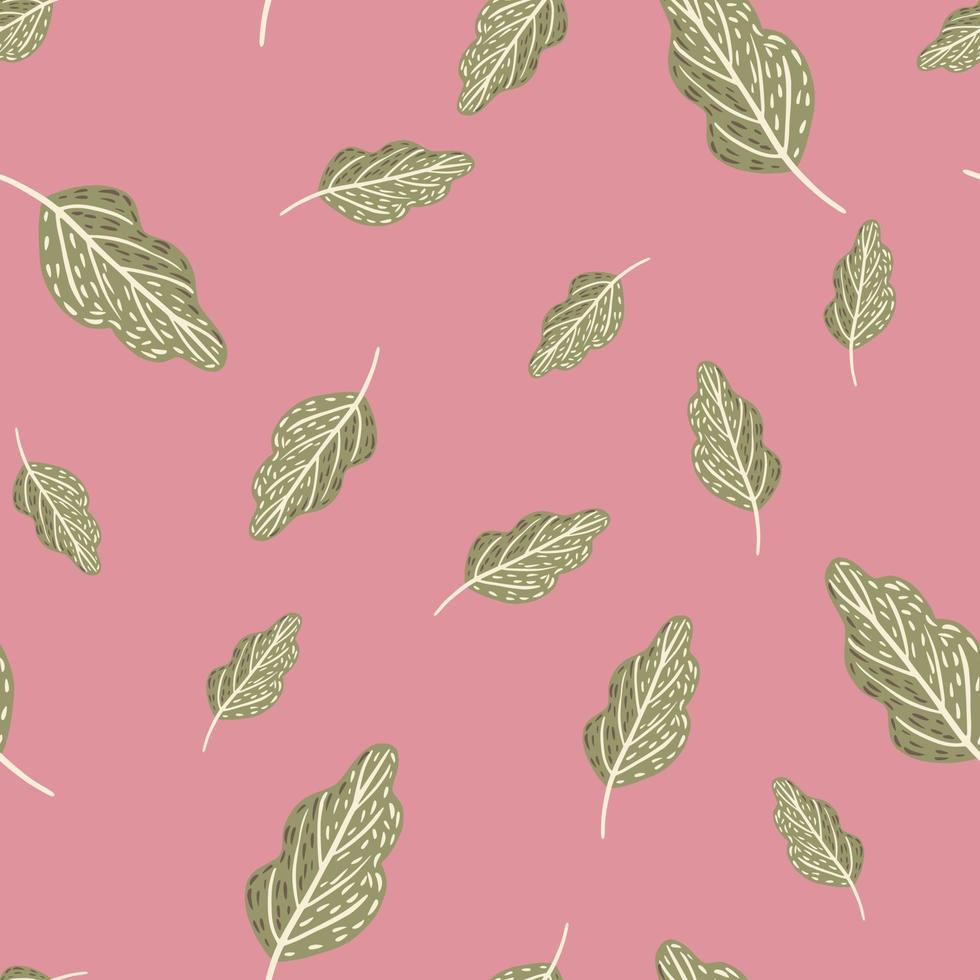 Random seamless bright pattern with green creative oak leaves shapes. Pink background. vector