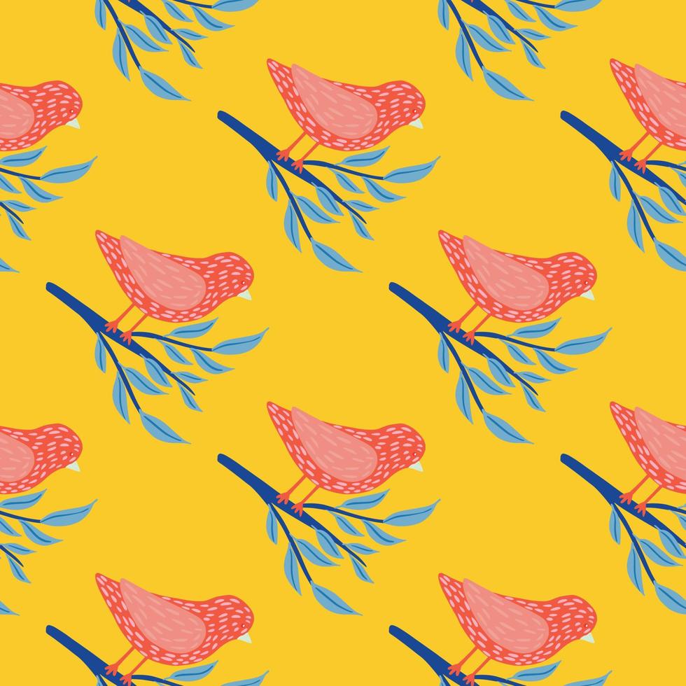 Childish seamless zoo pattern with pink birds silhouettes on branches. Yellow bright background. vector