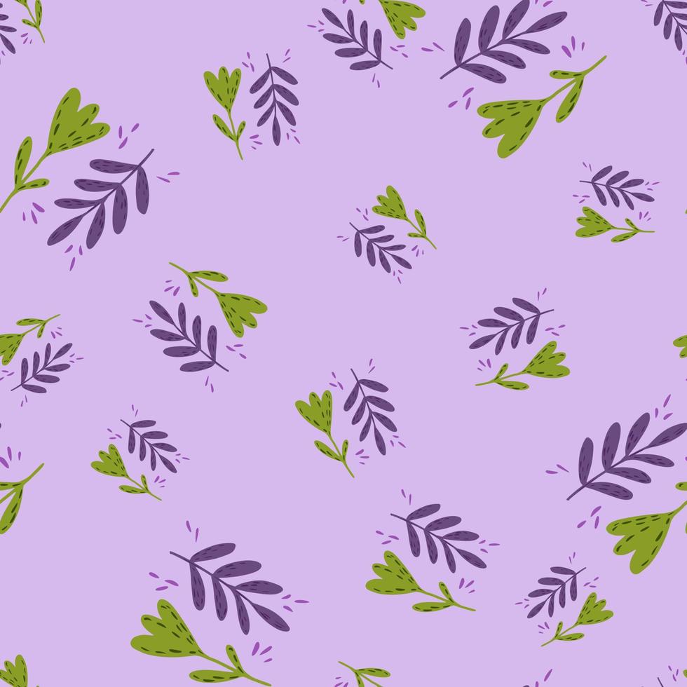 patrón aleatorio sin costuras con hojas y flores de dibujos animados. fondo morado claro. vector