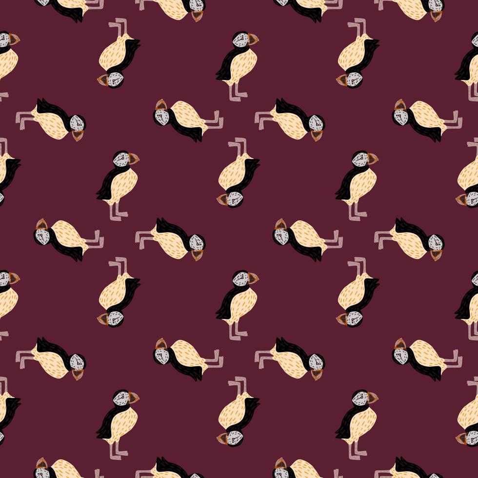 Geometric abstract seamless pattern with doodle puffin elements. Purple vine color background. vector