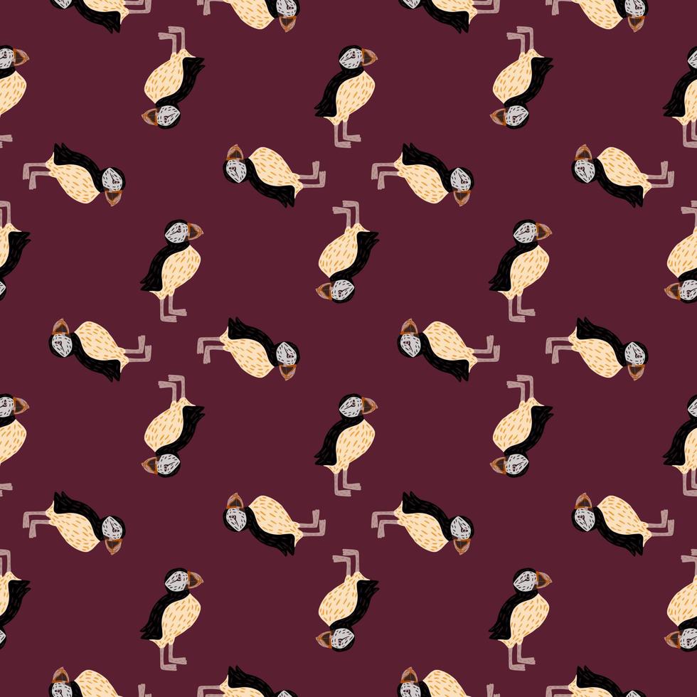 Geometric abstract seamless pattern with doodle puffin elements. Purple vine color background. vector