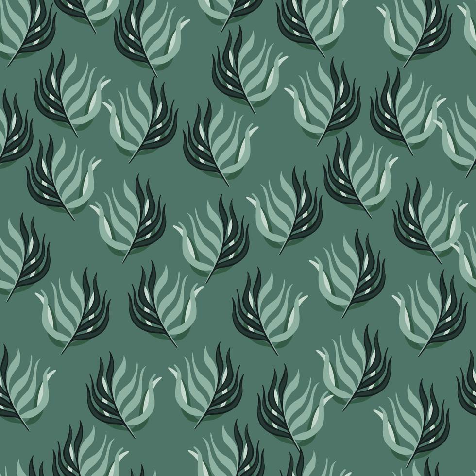 Botanic nature seamless doodle pattern with simple leaf branches print. Turquoise pale background. vector