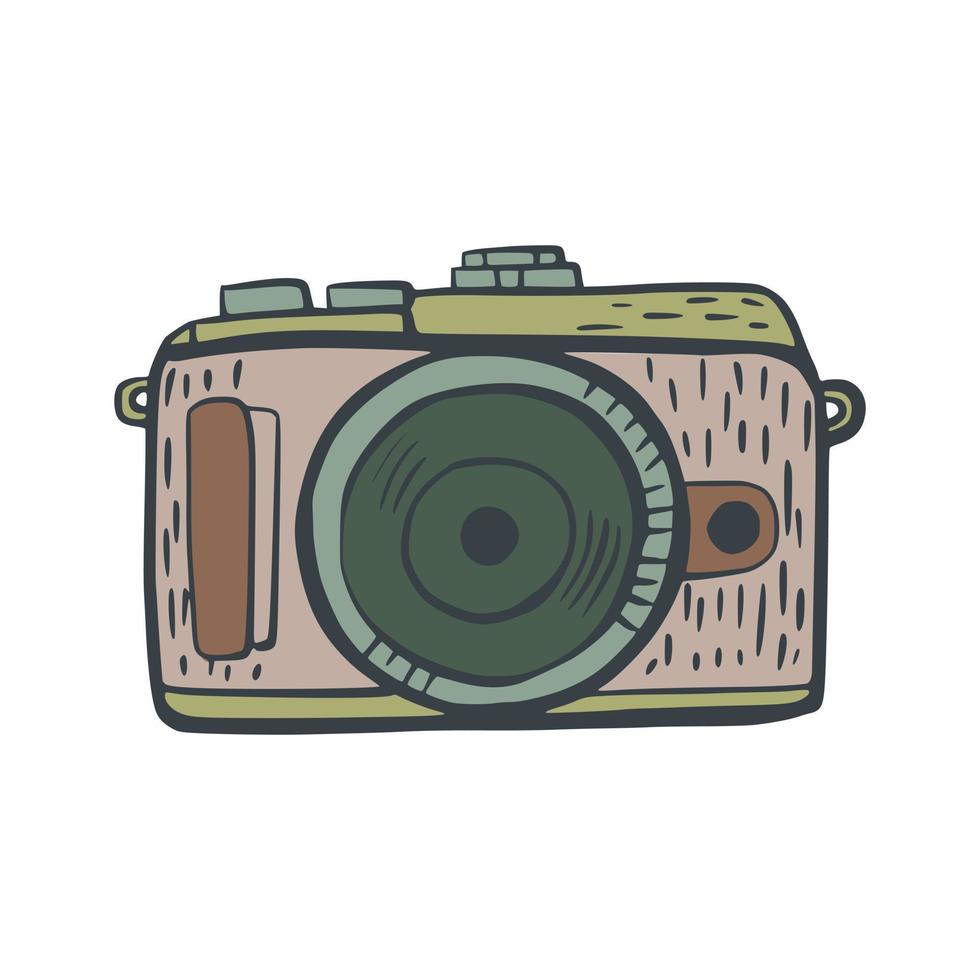 Retro camera isolated with big lens on white background. Classic hand drawn illustration camera. vector