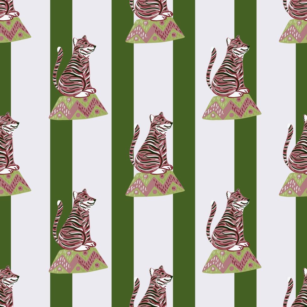 Animal circus seamless pattern with training tiger silhouettes. Striped grey and green background. vector