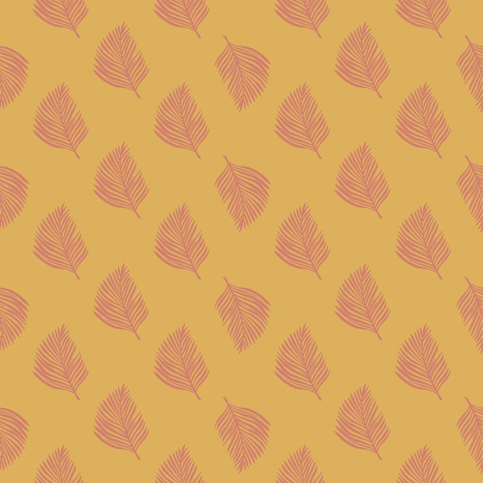 Nature seamless pattern with pale pink doodle fern leaves silhouettes ornament. Ocher pastel background. vector