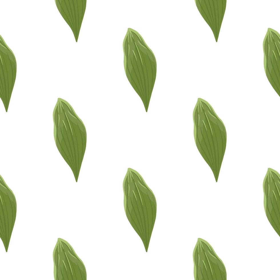 Decorative isolated seamless pattern with green simple leaves elements print. White background. vector